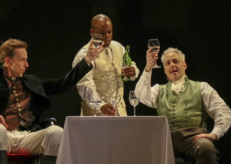 L-R: Jeff Lorch, Ray Ford and Curt Bonnem in the Critical Mass Performance Group production of “Ameryka” at the Kirk Douglas Theatre. Center Theatre Group is presenting “Ameryka” through April 29 as part of Block Party 2018. For tickets and information, please visit CenterTheatreGroup.org or call (213) 628-2772. Media Contact: CTGMedia@CTGLA.org / (213) 972-7376. Photo by Lawrence K. Ho.