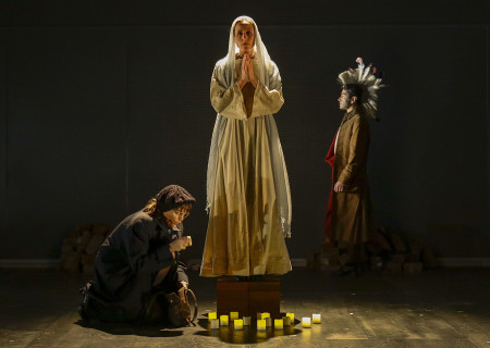 L-R: Valerie Spencer, Liza Seneca and Richard Gallegos in the Critical Mass Performance Group production of “Ameryka” at the Kirk Douglas Theatre. Center Theatre Group is presenting “Ameryka” through April 29 as part of Block Party 2018. For tickets and information, please visit CenterTheatreGroup.org or call (213) 628-2772. Media Contact: CTGMedia@CTGLA.org / (213) 972-7376. Photo by Lawrence K. Ho.