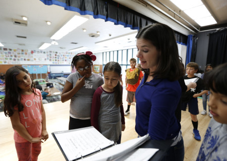 Center Theatre Group teaching artist Christine Abraham with students from La Ballona Elementary rehearsing for their production of “The Lion King,” part of Center Theatre Group’s inaugural Disney Musicals in Schools (DMIS) program. Photo by Ryan Miller/Capture Imaging.