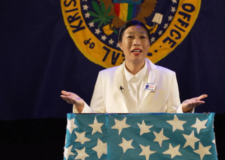 Kristina Wong in “Kristina Wong for Public Office” captured at the Kirk Douglas Theatre in October 2020. Image courtesy of Center Theatre Group.