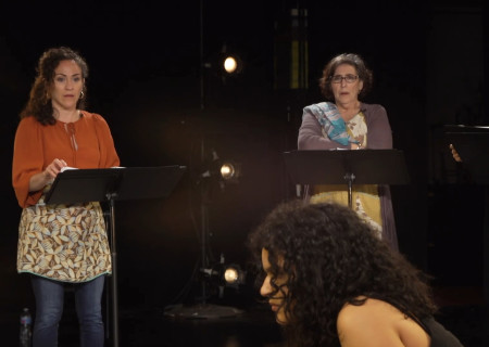 Foreground Gabriela Ortega. Standing L to R: Sarita Ocón, Catalina Maynard and Rose Portillo appear in “Electricidad” captured at the Kirk Douglas Theatre and presented on Center Theatre Group’s Digital Stage. Image courtesy of Center Theatre Group.