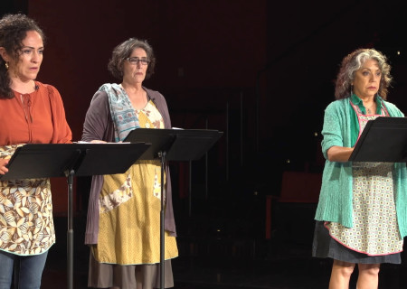 L to R: Sarita Ocón, Catalina Maynard and Rose Portillo appear in “Electricidad” captured at the Kirk Douglas Theatre and presented on Center Theatre Group’s Digital Stage. Image courtesy of Center Theatre Group.