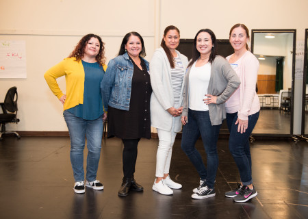 L-R: Maria Irigoyen, Rosalva Ochoa, Lydia Inman, Lauren Cantú and Rosa León, the school team from San Gabriel Avenue Elementary, at the orientation for the 2019-2020 Disney Musicals in Schools (DMIS) program hosted by Center Theatre Group. Press Contact: CTGMedia@CTGLA.org / (213) 972-7376. Photo by Mike Palma.