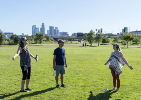 (L to R) Nakisa Aschtiani, William Russ and Tammy Russ participate in “32 Acres,” a site site-specific soundwalk at Los Angeles State Historic Park July 14 through September 29, 2021. Media Contact: CTGMedia@CTGLA.org.