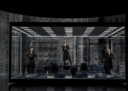 L-R: Howard W. Overshown, Adam Godley and Simon Russell Beale in “The Lehman Trilogy” at Center Theatre Group/Ahmanson Theatre through April 10, 2022. <br />
Photo credit: Craig Schwartz Photography