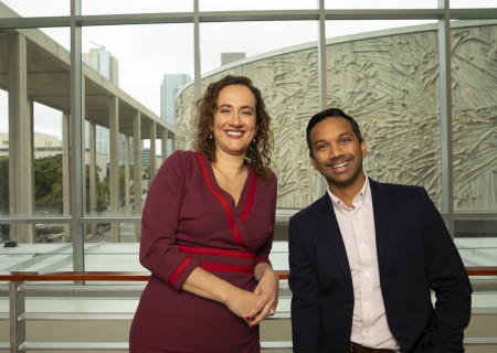 From L to R: Center Theatre Group Managing Director / CEO  Meghan Pressman and incoming Center Theatre Group Artistic Director Snehal Desai at the Ahmanson Theatre.  <br />
Photo credit: Kim Newmoney