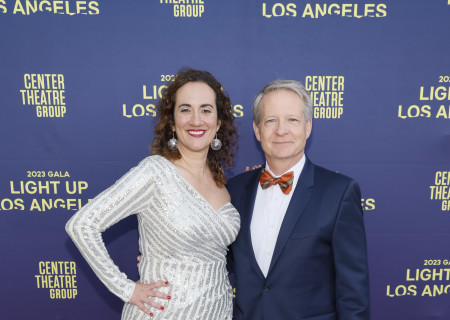 From left, Center Theatre Group Managing Director/CEO Meghan Pressman  and Center Theatre Group Board of Directors Vice President William H. Ahmanson arrive at Center Theatre Group's 2023 Gala “Light Up Los Angeles” at the Mark Taper Forum and Dorothy Chandler Pavilion on April 15, 2023, in Los Angeles, California. (Photo by Ryan Miller/Capture Imaging)