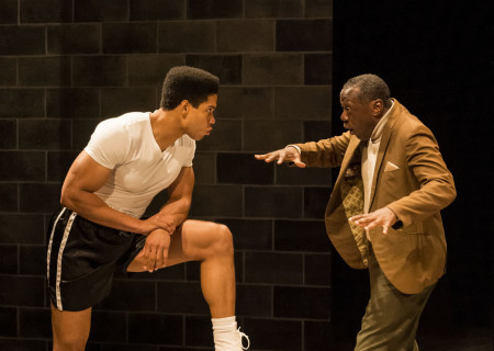 From L to R: Ray Fisher and Edwin Lee Gibson in “Fetch Clay, Make Man” at Center Theatre Group's Kirk Douglas Theatre June 18 through July 16, 2023, produced in association with The SpringHill Company. <br />
Photo credit: Craig Schwartz Photography