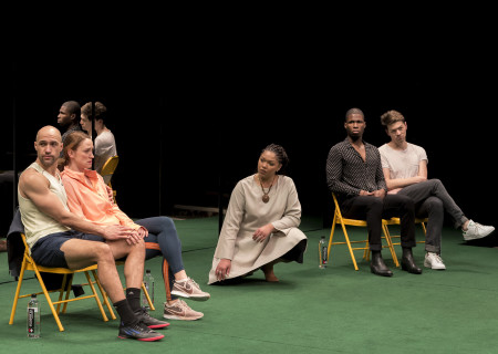 L-R: Jonathan Higginbotham, Elizabeth Stahlmann, Chalia La Tour, Jakeem Dante Powell and Devin Kawaoka in “Slave Play” playing at Center Theatre Group/Mark Taper Forum now through March 13, 2022.  <br />
Photo credit: Craig Schwartz