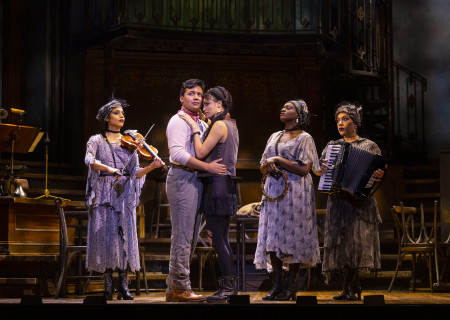 L-R: Belén Moyano, J. Antonio Rodriguez, Hannah Whitley, Nyla Watson, and Dominique Kempf in the “Hadestown” North American Tour playing at Center Theatre Group / Ahmanson Theatre October 3 through October 15, 2023.<br />
Photo by T Charles Erickson