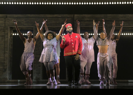 From L to R: Jamari Johnson Williams, Tarra Conner Jones, Jordan Barbour, Malachi McCaskill, John-Andrew Morrison, Avionce Hoyles, and J. Cameron Barnett in "A Strange Loop" at Center Theatre Group's Ahmanson Theatre June 5 through June 30, 2024. Photo by Alessandra Mello.