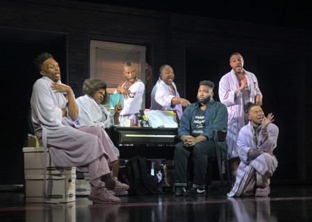 From L to R: J. Cameron Barnett, Tarra Conner Jones, Jamari Johnson Williams, John-Andrew Morrison, Malachi McCaskill, Jordan Barbour, Avionce Hoyles in "A Strange Loop" at Center Theatre Group's Ahmanson Theatre June 5 through June 30, 2024. Photo by Alessandra Mello.