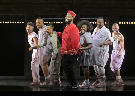 From L to R: J. Cameron Barnett, Jordan Barbour, Avionce Hoyles, Malachi McCaskill, Tarra Conner Jones, John-Andrew Morrison, and Jamari Johnson Williams in "A Strange Loop" at Center Theatre Group's Ahmanson Theatre June 5 through June 30, 2024. Photo by Alessandra Mello.