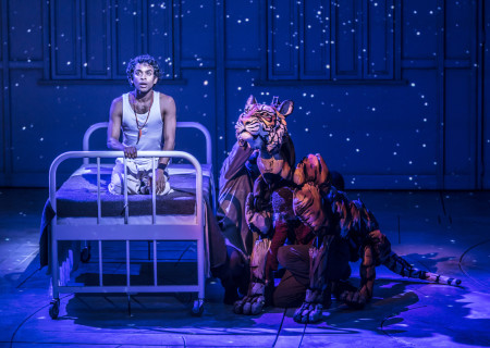 Hiran Abeysekera as Pi and Richard Parker as the Tiger in 'Life of Pi'. Photo by Johan Persson