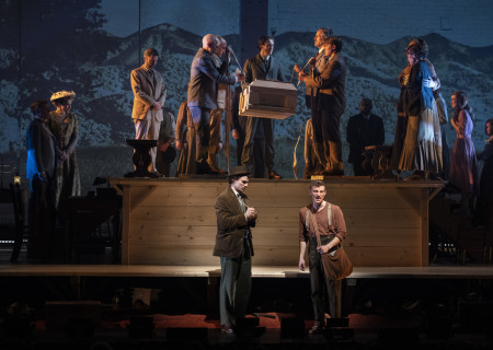 LR: Jay Armstrong, Johnson Jake Pedersen, and the cast of  Broadway company of 'Parade', 2023. Photo by Joan Marcus.