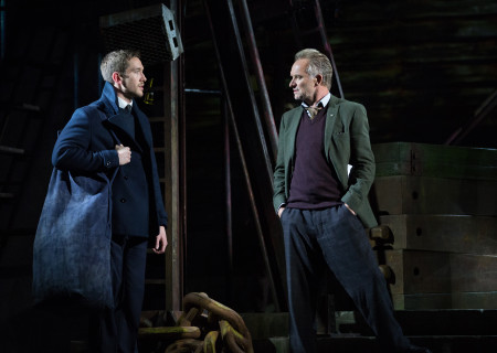 L-R: Oliver Savile and Sting in the Toronto production of “The Last Ship.” With a new book and direction by Lorne Campbell (original book by John Logan and Brian Yorkey) and music and lyrics by Sting, “The Last Ship” is part of Center Theatre Group’s 2019-2020 season at the Ahmanson Theatre and will be presented January 14 through February 16, 2020. For more information, please visit CenterTheatreGroup.org. Press Contact: CTGMedia@CTGLA.org / (213) 972-7376. Photo by Cylla von Tiedemann.