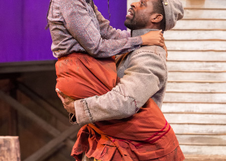 Sameerah Luqmaan-Harris and Sterling K. Brown in “Father Comes Home From The Wars (Parts 1, 2 & 3)” at Center Theatre Group/Mark Taper Forum. Written by Suzan-Lori Parks and directed by Jo Bonney, the West Coast premiere of “Father Comes Home From The Wars (Parts 1, 2 & 3)” plays April 5 – May 15, 2016. For tickets and information, please visit CenterTheatreGroup.org or call (213) 628-2772. <br />
Contact:  CTG Media and Communications/ (213) 972-7376/CTGMedia@ctgla.org<br />
Photo by Craig Schwartz.