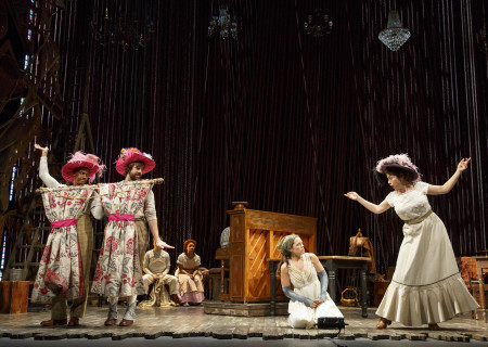 Anthony Chatmon II as Lucinda, Darick Pead as Florinda, Laurie Veldheer as Cinderella and Bonne Kramer as Cinderella’s Stepmother in the Fiasco Theater production of “Into the Woods,” which plays April 4 through May 14, 2017, at Center Theatre Group/Ahmanson Theatre. For tickets and information, please visit CenterTheatreGroup.org or call (213) 972-4400. Media Contact: CTGMedia@CTGLA.org / (213) 972-7376. Photo by Joan Marcus.