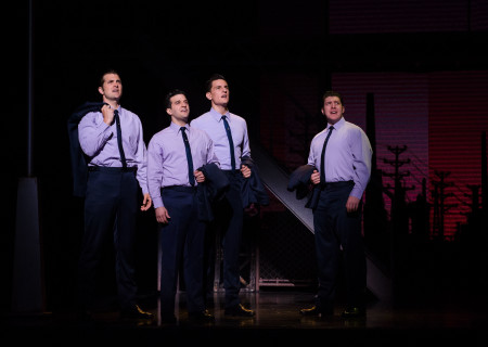 L-R: Keith Hines, Mark Ballas, Cory Jeacoma and Matthew Dailey in the national tour of "Jersey Boys," which plays May 16 through June 24, 2017, at Center Theatre Group/Ahmanson Theatre. For tickets and information, please visit CenterTheatreGroup.org or call (213) 972-4400. Media Contact: CTGMedia@CTGLA.org / (213) 972-7376. Photo by Jim Carmody.