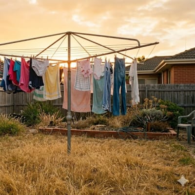 Hills Hoist in suburban backyard at sunset
