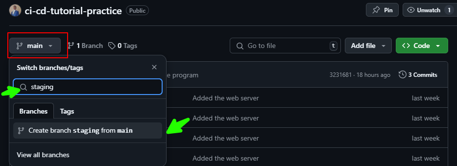Create a new Staging branch