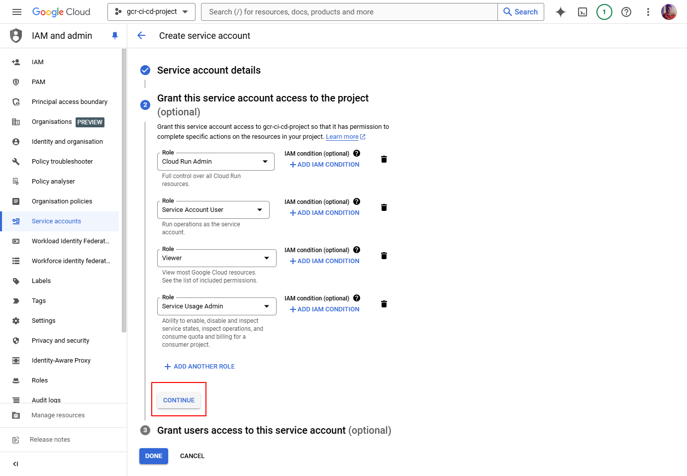 Create a Google Cloud service account - Done assigning roles