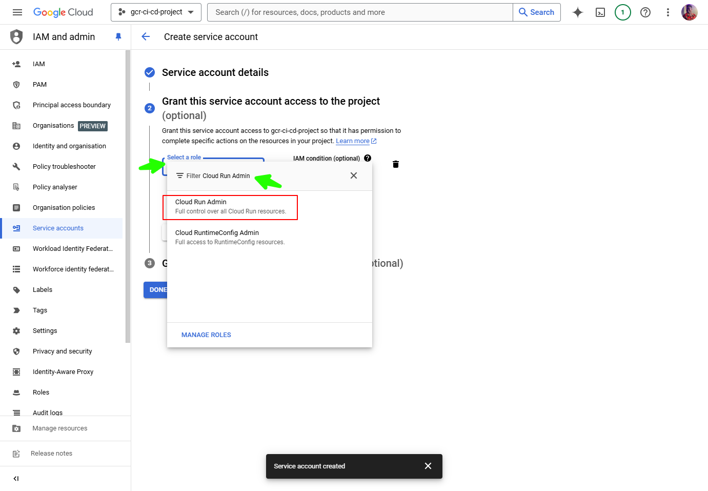 Create Google Cloud Service Account - Add role