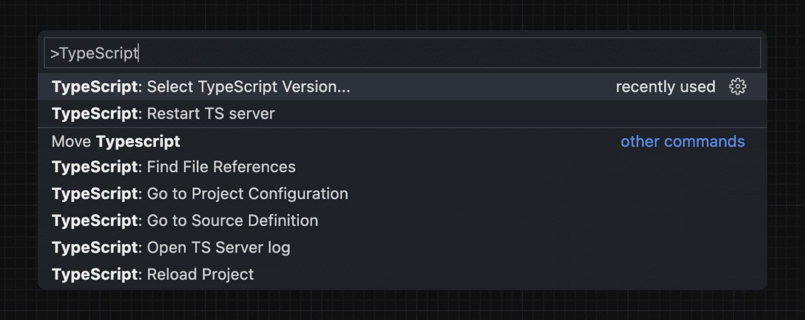 TypeScript Command Palette — Dark Mode
