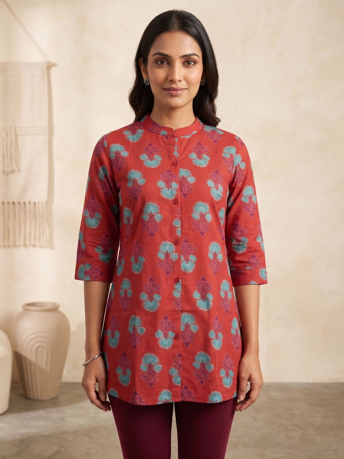 Red Collar Printed Ethnic Tunic