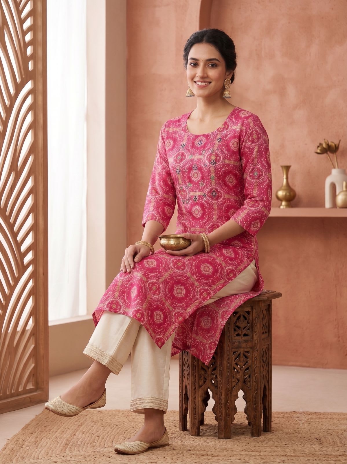 Fuchsia Pink Bandhani Printed Cotton Kurti