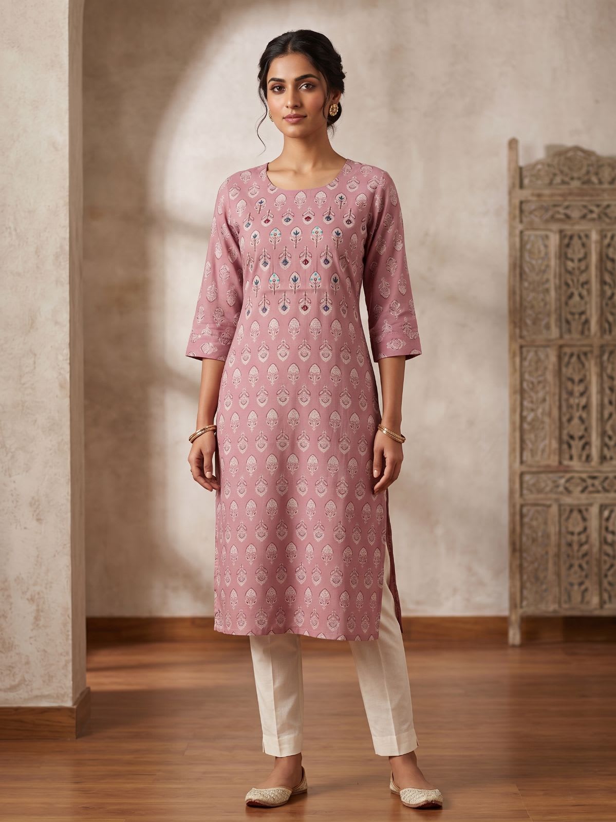 Pink Ethnic Handwork Work Kurti- Shivani Fashion