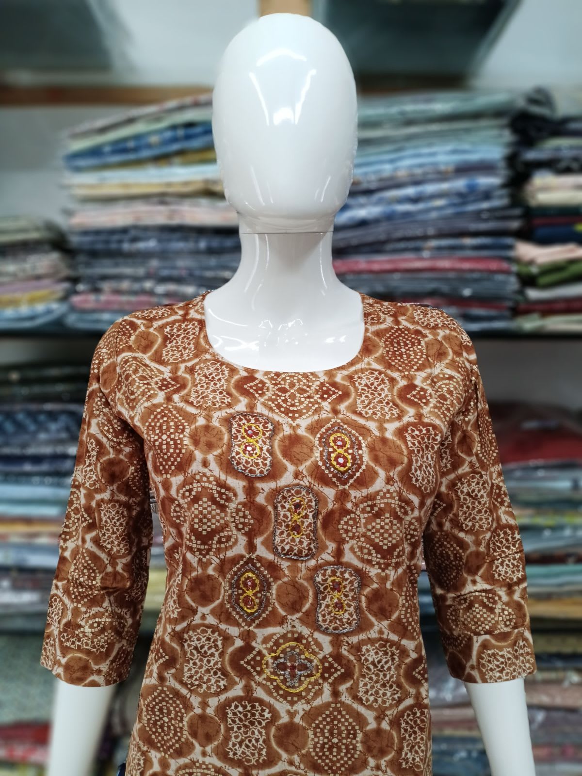 Bandhani Print Brown Kurti - Shivani Fashion