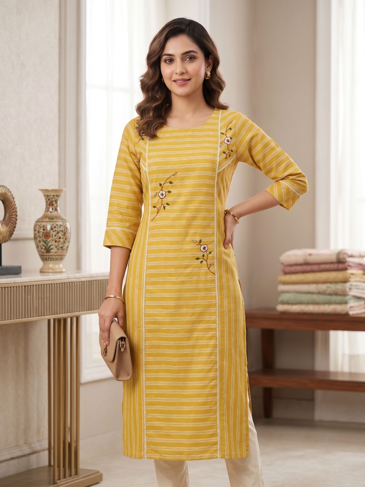 Yellow Cotton Striped Kurti with Floral Embroidery and Lace Panels - Shivani Fashion
