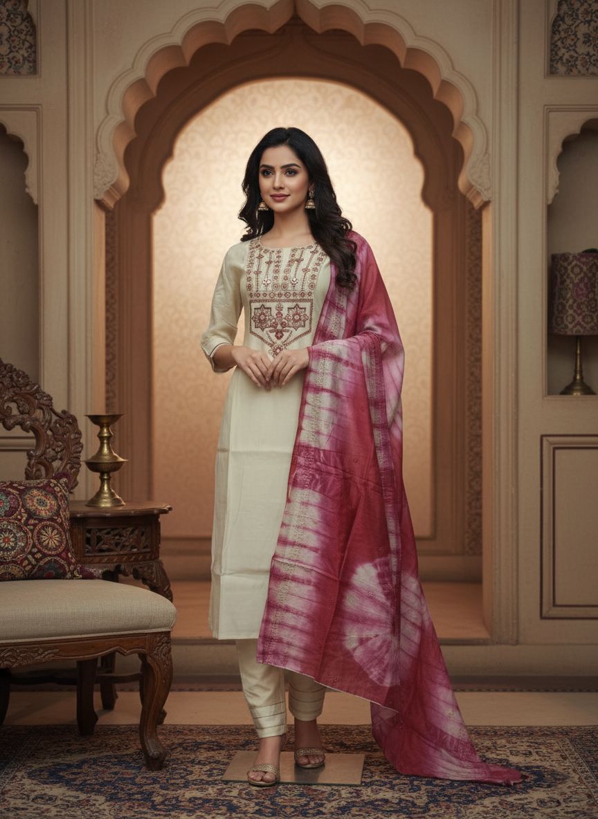 Cream Embroidered Kurta Pant Set with Dupatta