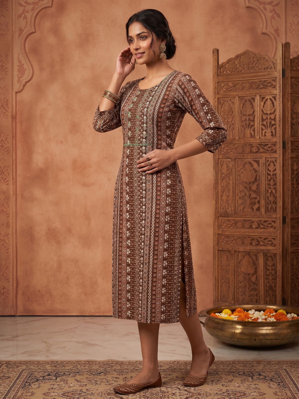 Brown Printed Straight Kurti