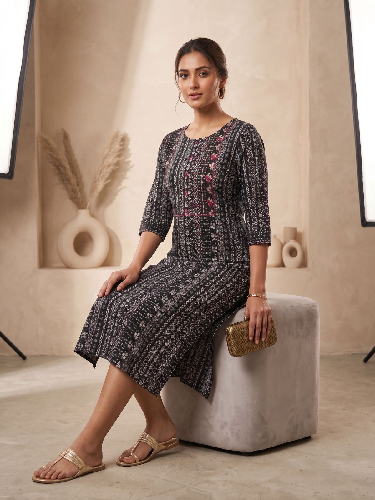 Black Printed Straight Kurti