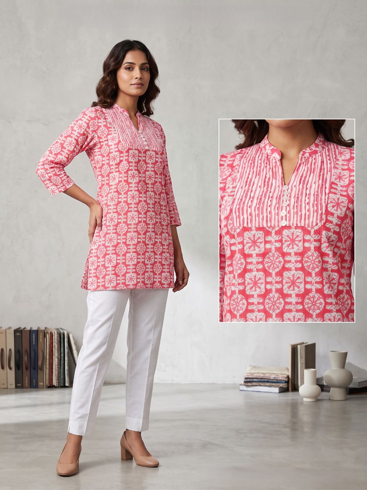 Pink Floral Print Cotton Tunic