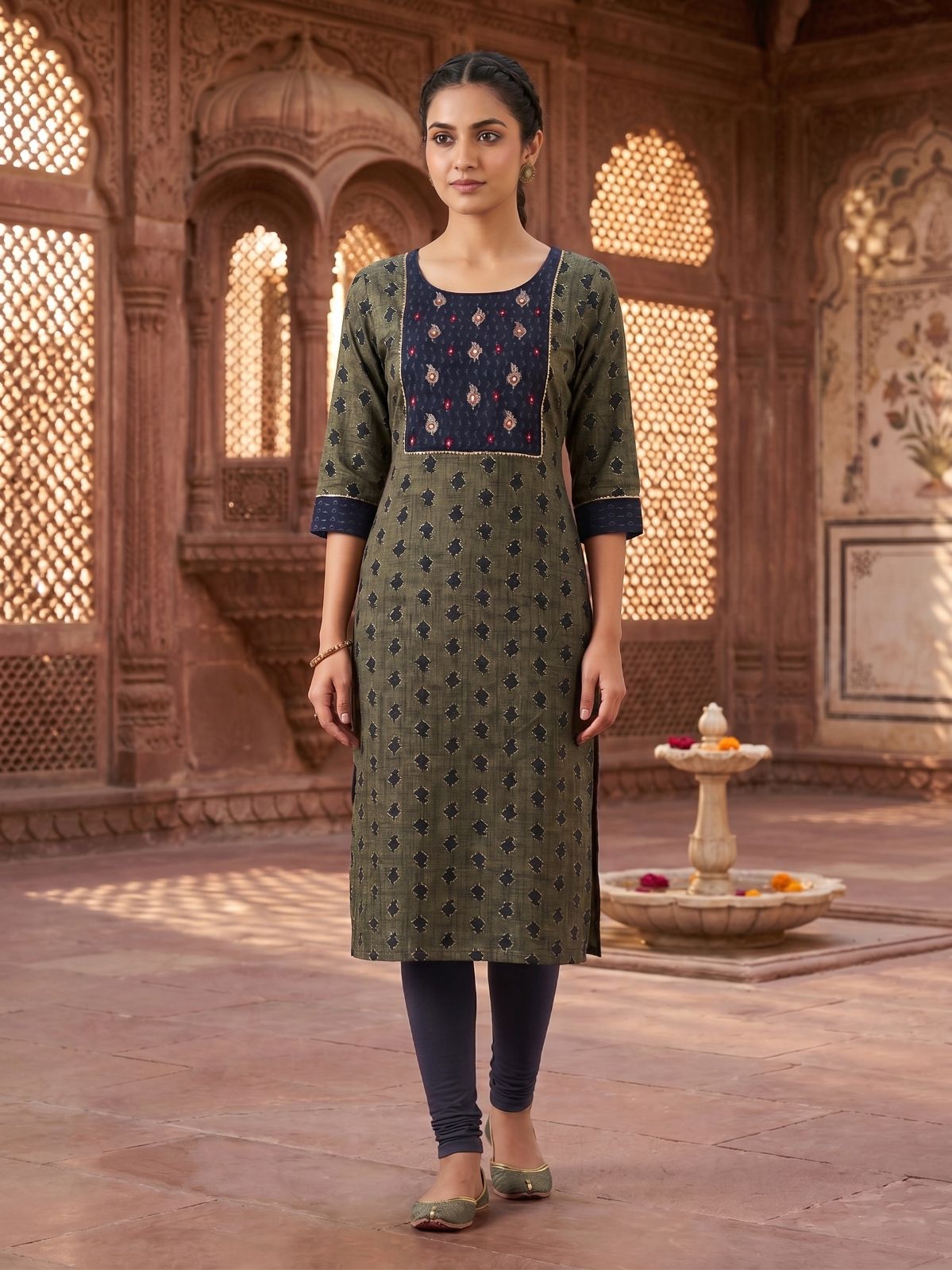Green & Navy Blue Straight Kurti
