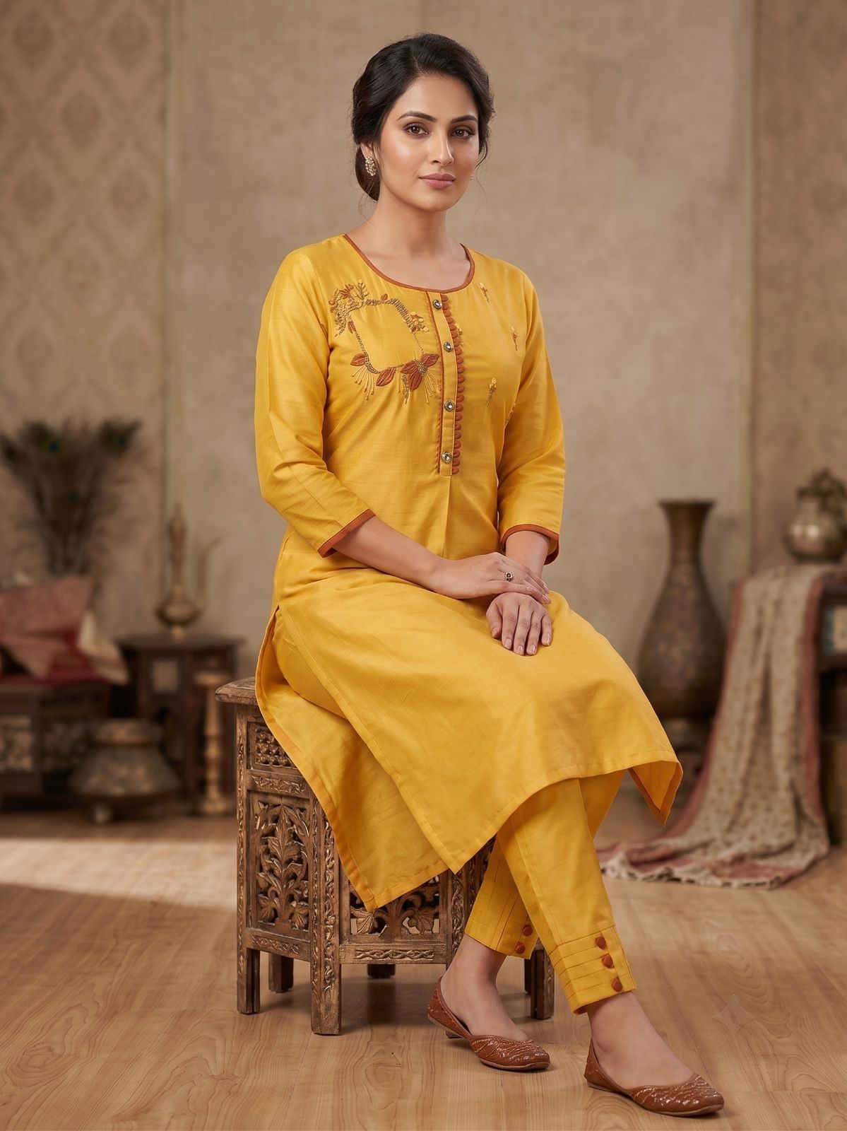 Yellow Embroidered Kurta with Pant
