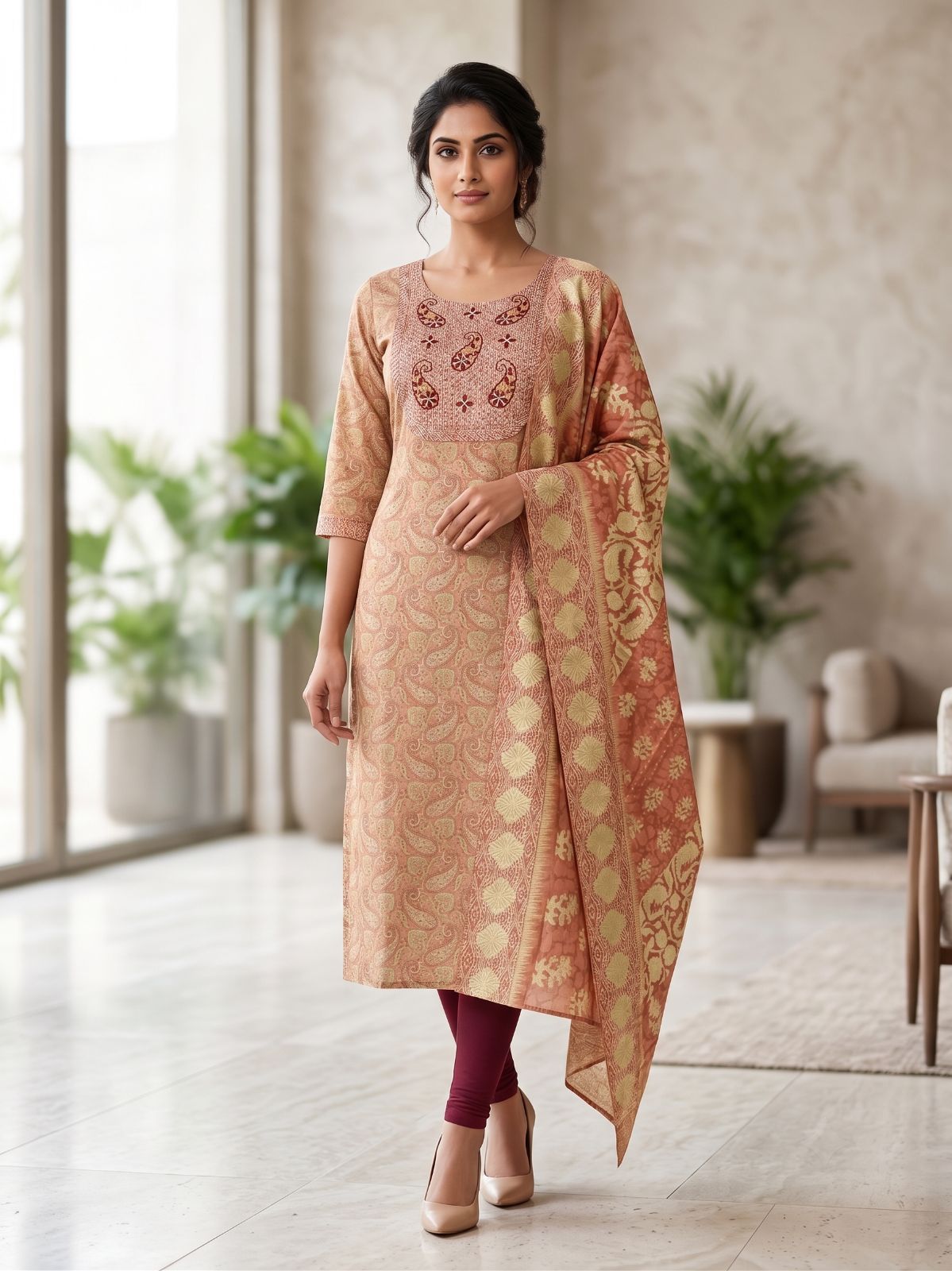 Peach Cotton Silk Printed Kurta with Dupatta Set