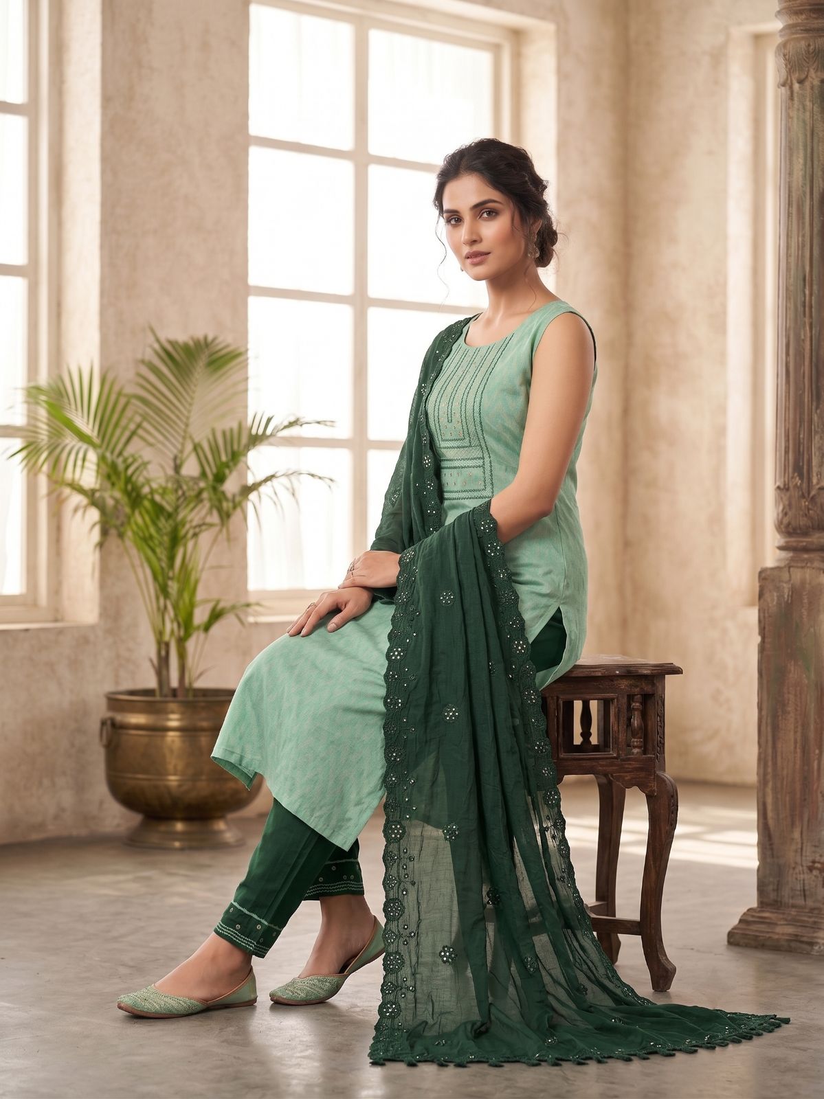 Green Embroidered Straight Full Pair