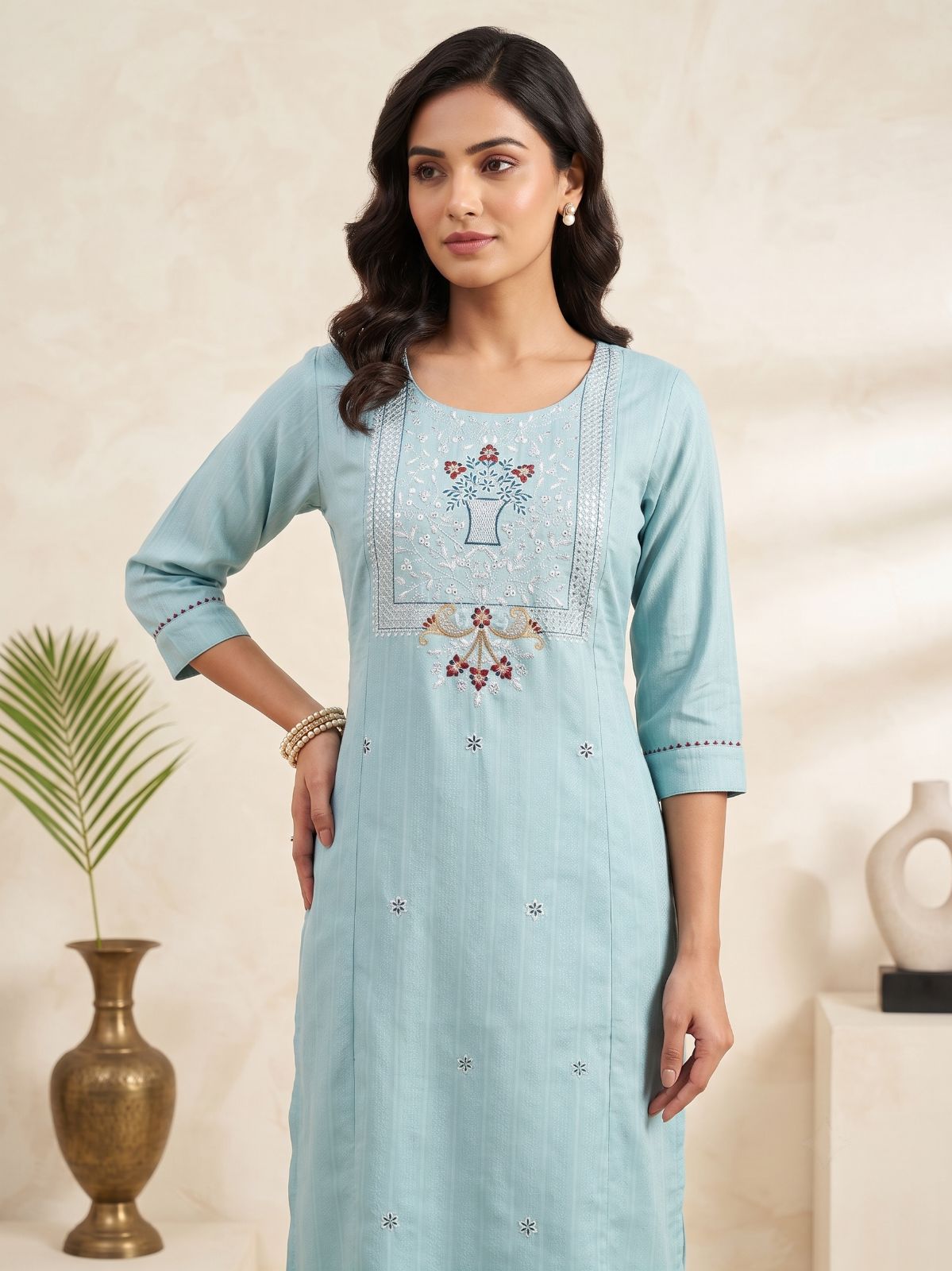 Skyblue Embroidered Straight Kurti