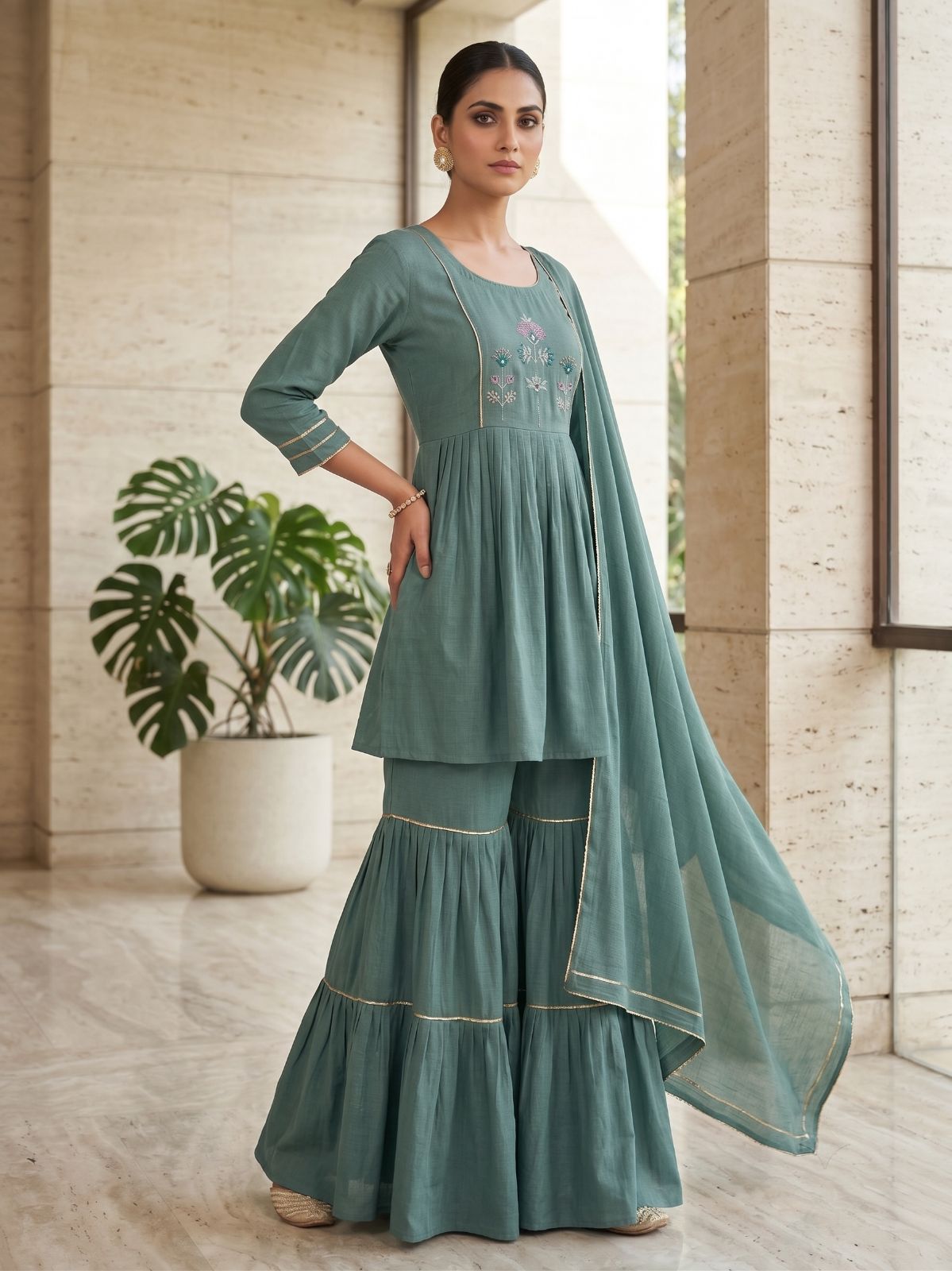 Teal Green Embroidered Sharara Set