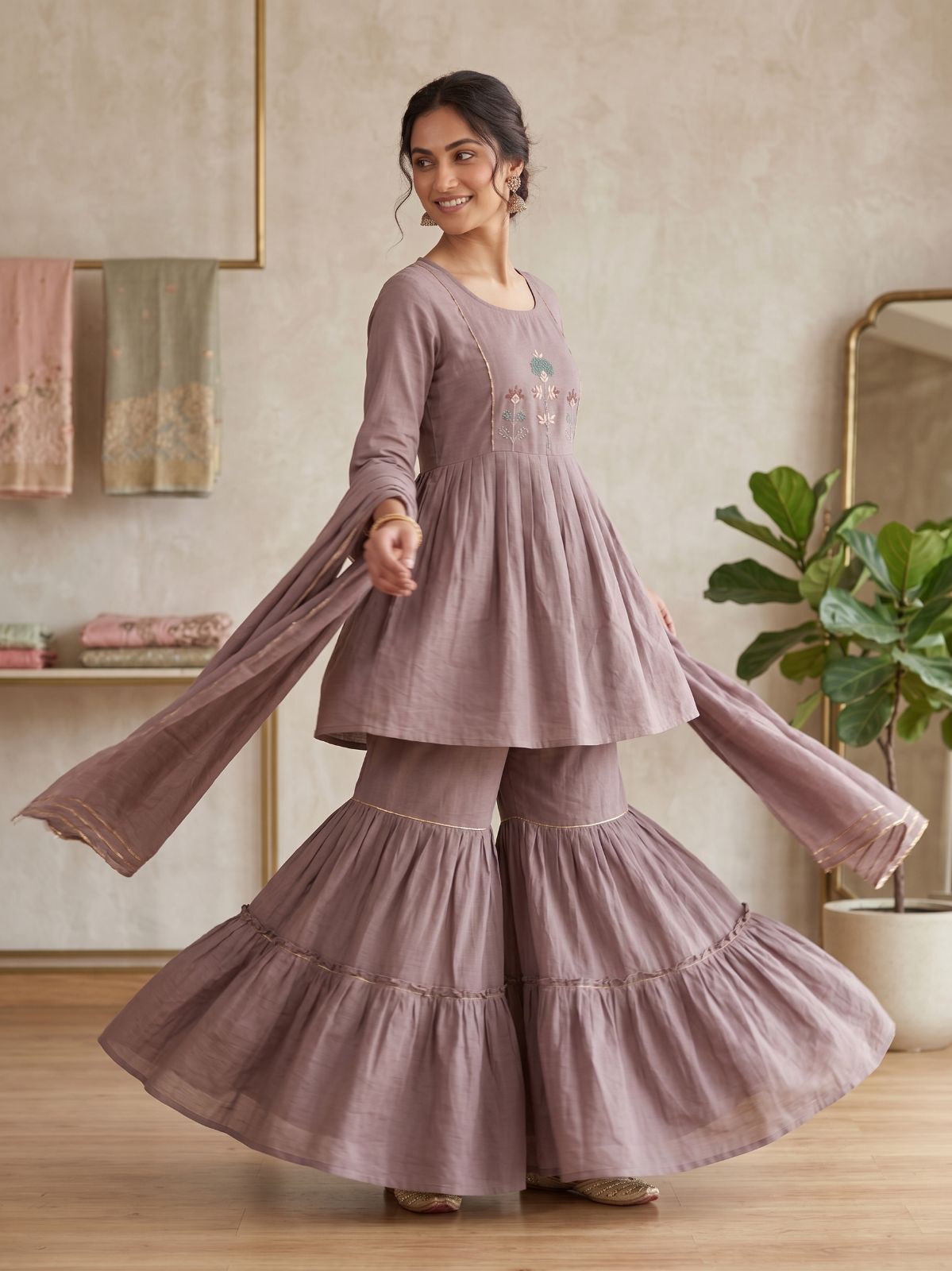 Mauve Embroidered Sharara Set
