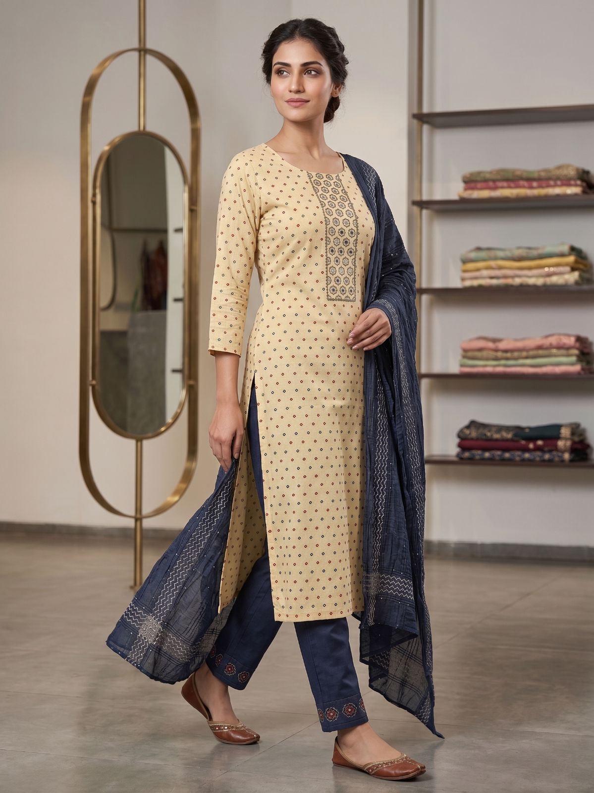 Beige and Navy Blue Printed Straight Kurta with Pant & Dupatta Set
