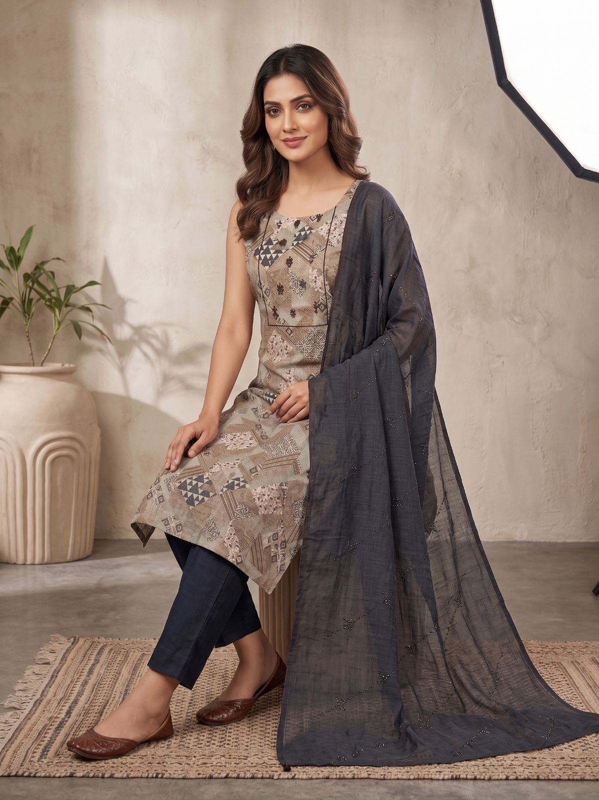 Sleeveless Cotton Blend Printed Kurti with Pant & Dupatta