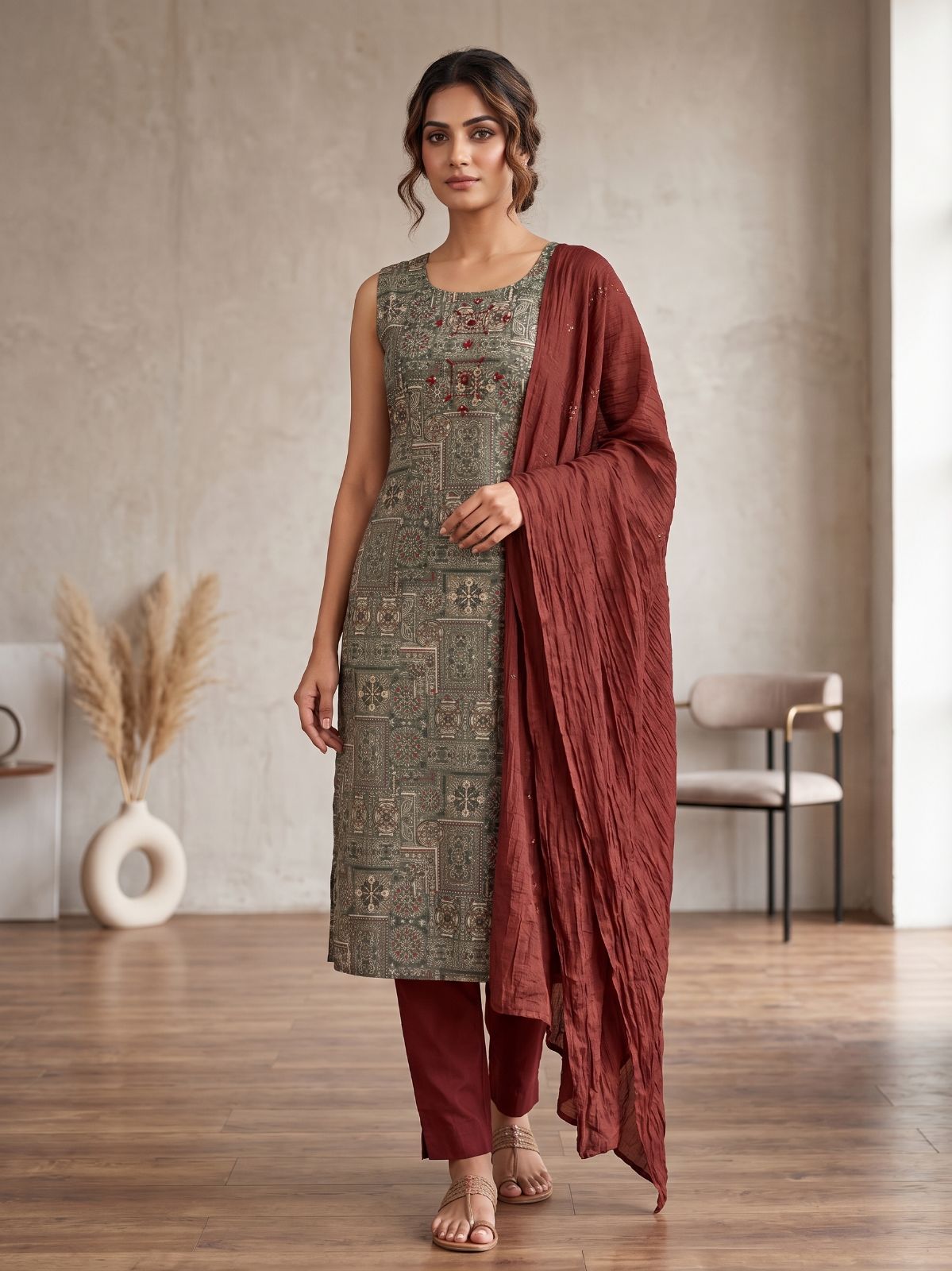 Sleeveless Printed Straight Kurta with Pant and Dupatta Set