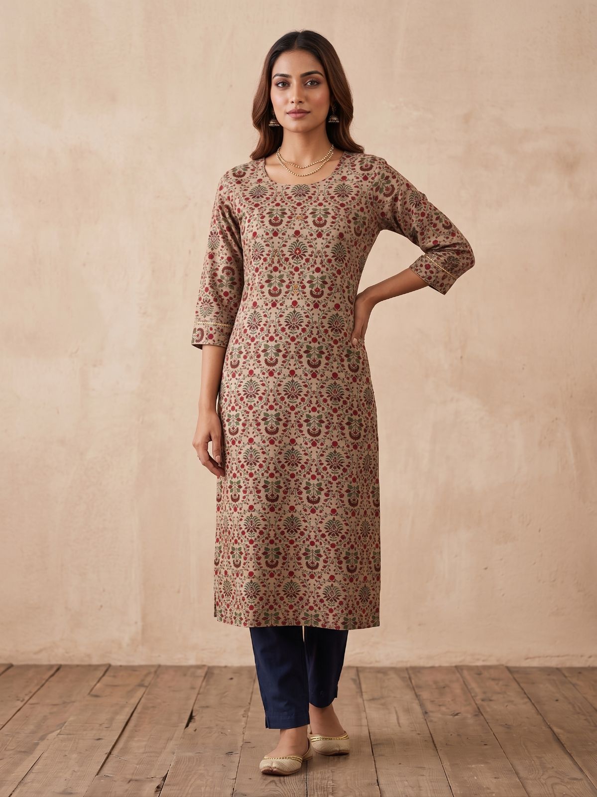 Beige and Maroon Floral Straight Cotton Kurti