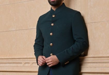 	Green Classic Knit Bandhgala - Image 3