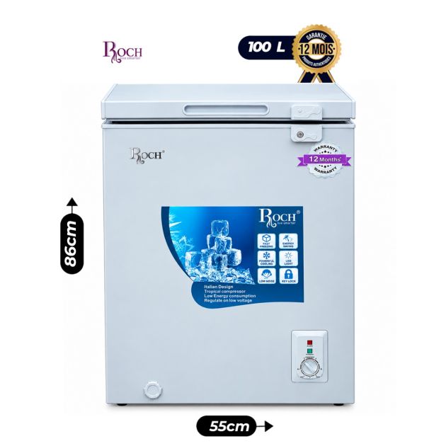 Congélateur coffre ROCH - RCF-130-I(S) - 100 Litres - Classe A+ - Froid Statique - Thermostat Réglable - Serrure de Sécurité - Panier Amovible - Gris - Garantie 06 mois